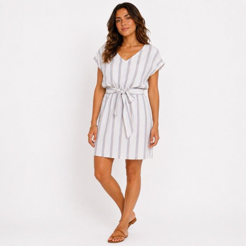 Morgan Taylor Day Dress Midi Size M Striped Linen Blend Belted Retro Beach Boho